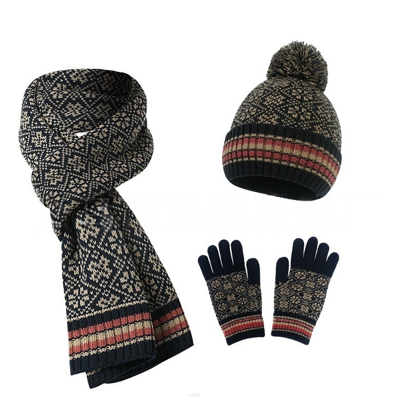 Fleeced Warm Knitted Jacquard Hat Scarf Glove 3 Piecs Sets For Women